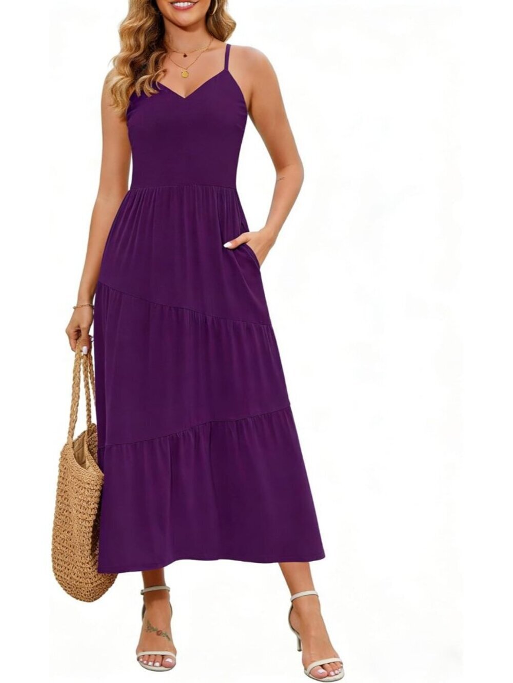 Women's Purple Beach Sundress V Neck Spaghetti Long Strap Pockets Maxi Dress